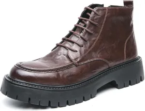 Men's Textured Leather Platform Chunky Low Heel Combat Boots with Side Zipper Vintage Round Toe Lug Sole Non-Slip Lace-Up Motorcycle Boots Work Office Business Casual Oxfords