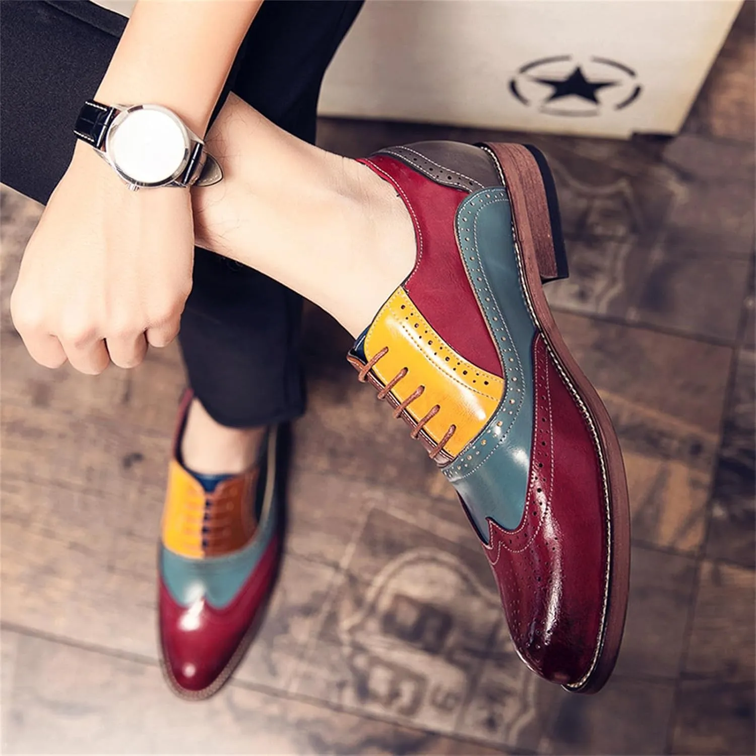 Mens Two Tone Leather Lace Up Brogue Oxford Shoes Classic Wingtip Loafers Low Top Flat Party Formal Business Derby Dress Shoes