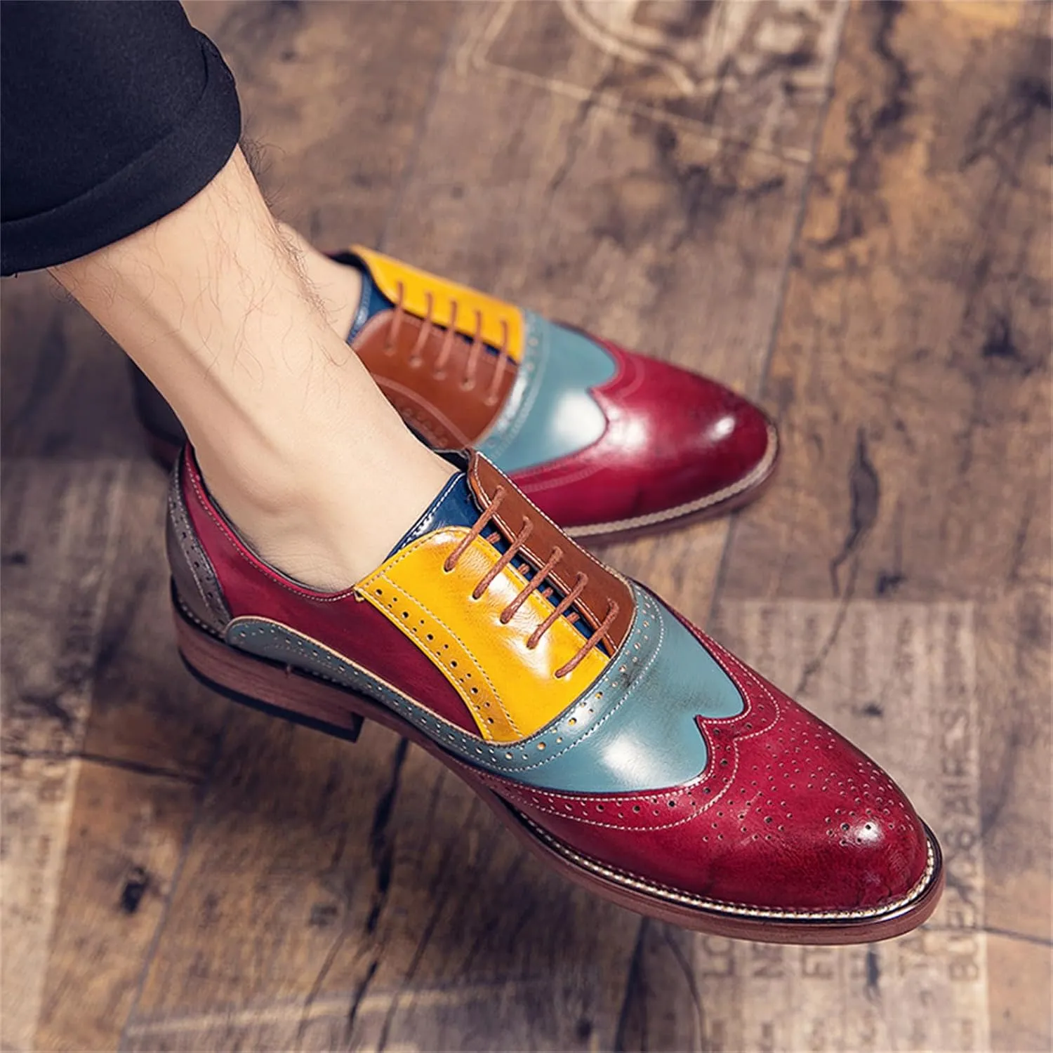 Mens Two Tone Leather Lace Up Brogue Oxford Shoes Classic Wingtip Loafers Low Top Flat Party Formal Business Derby Dress Shoes