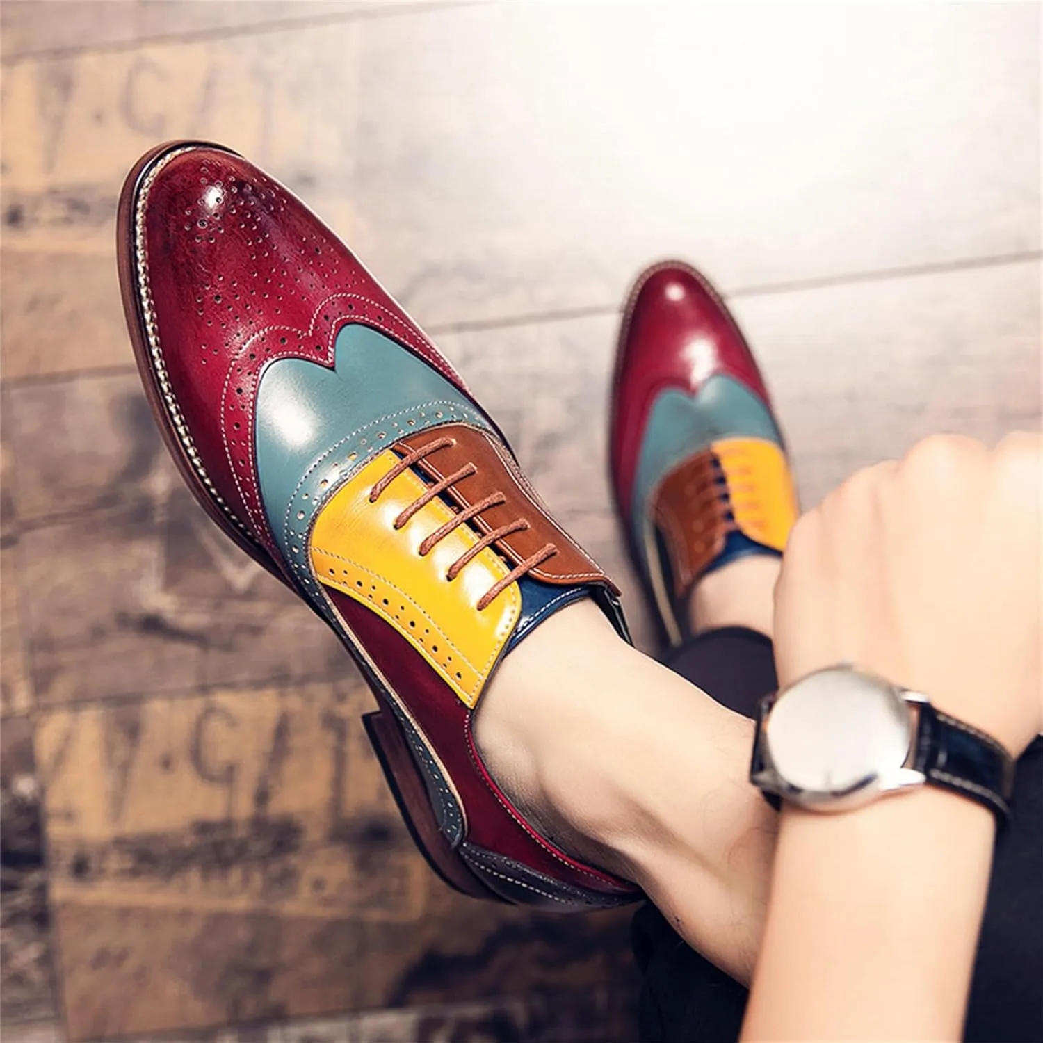 Mens Two Tone Leather Lace Up Brogue Oxford Shoes Classic Wingtip Loafers Low Top Flat Party Formal Business Derby Dress Shoes