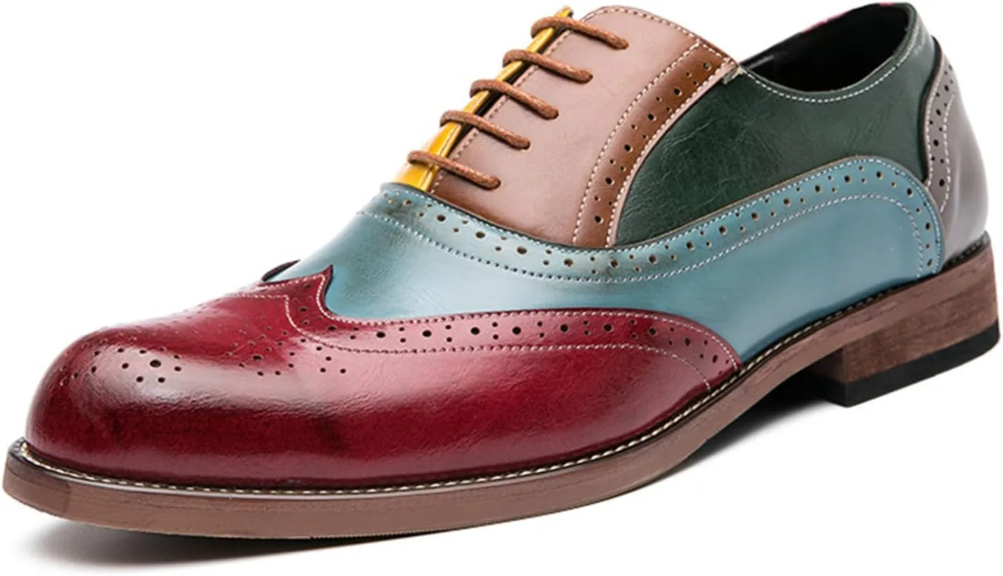 Mens Two Tone Leather Lace Up Brogue Oxford Shoes Classic Wingtip Loafers Low Top Flat Party Formal Business Derby Dress Shoes