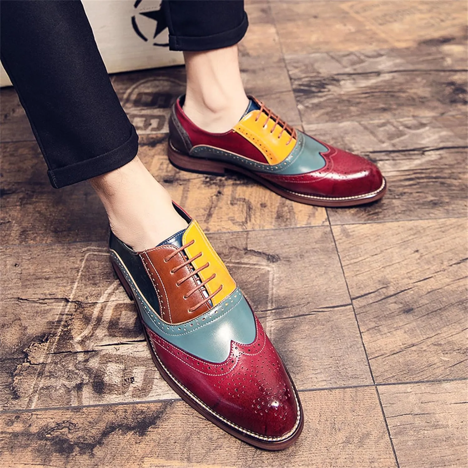 Mens Two Tone Leather Lace Up Brogue Oxford Shoes Classic Wingtip Loafers Low Top Flat Party Formal Business Derby Dress Shoes