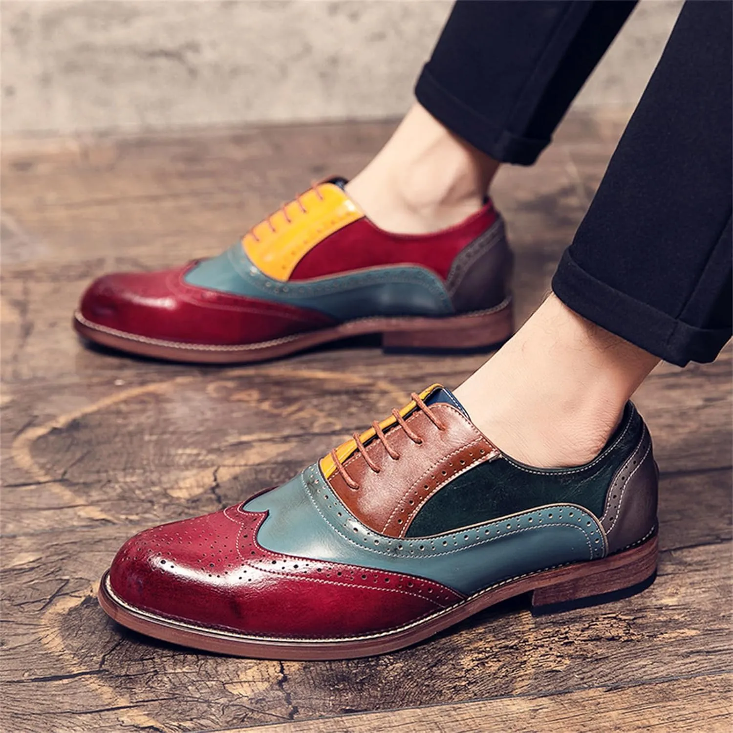 Mens Two Tone Leather Lace Up Brogue Oxford Shoes Classic Wingtip Loafers Low Top Flat Party Formal Business Derby Dress Shoes