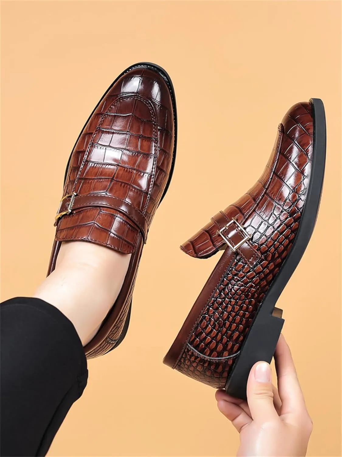 Men's Vintage Crocodile Print Strap Slip On Dress Shoes Formal Leather Loafers Business Casual Oxford