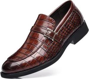 Men's Vintage Crocodile Print Strap Slip On Dress Shoes Formal Leather Loafers Business Casual Oxford