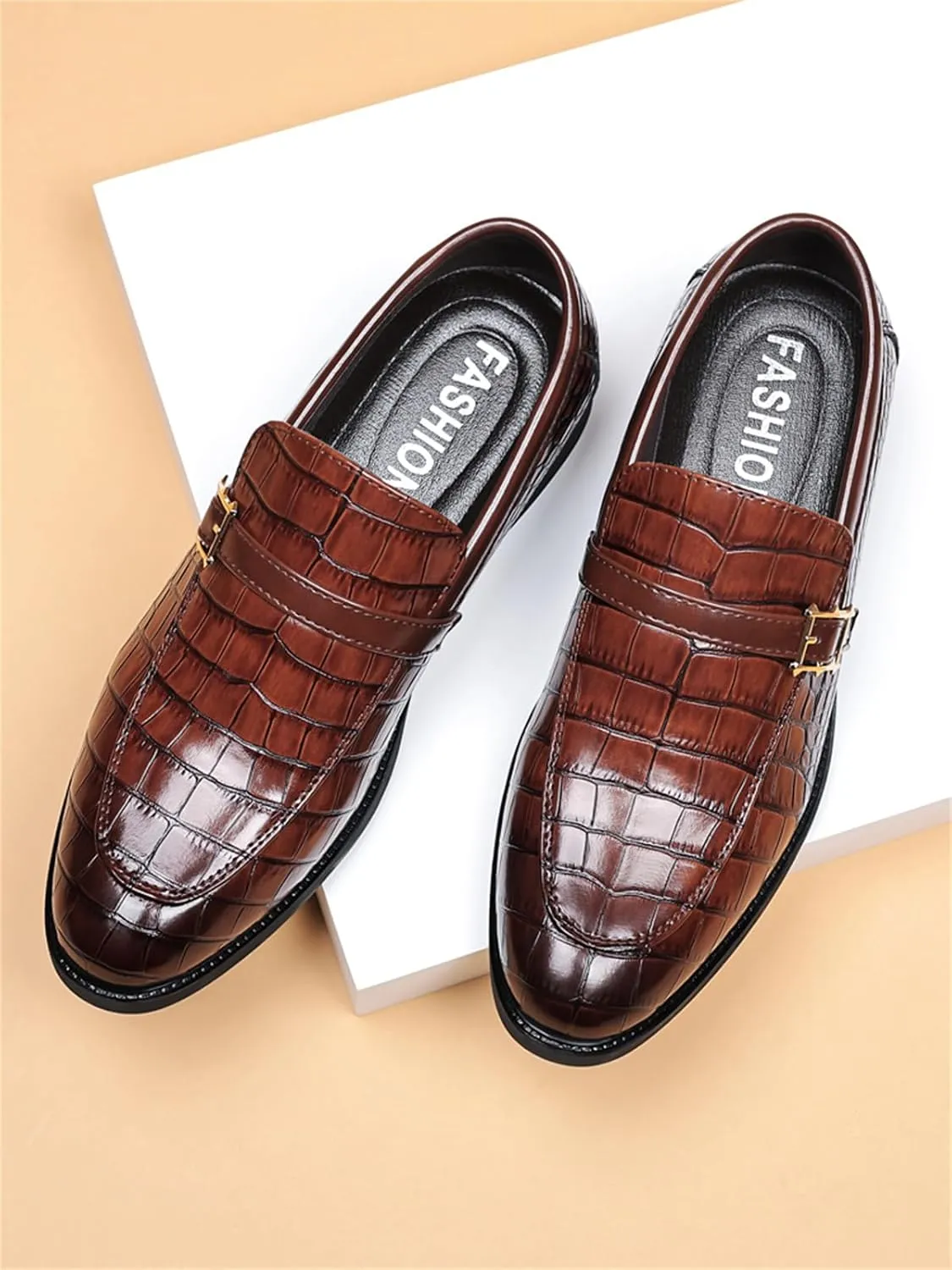 Men's Vintage Crocodile Print Strap Slip On Dress Shoes Formal Leather Loafers Business Casual Oxford