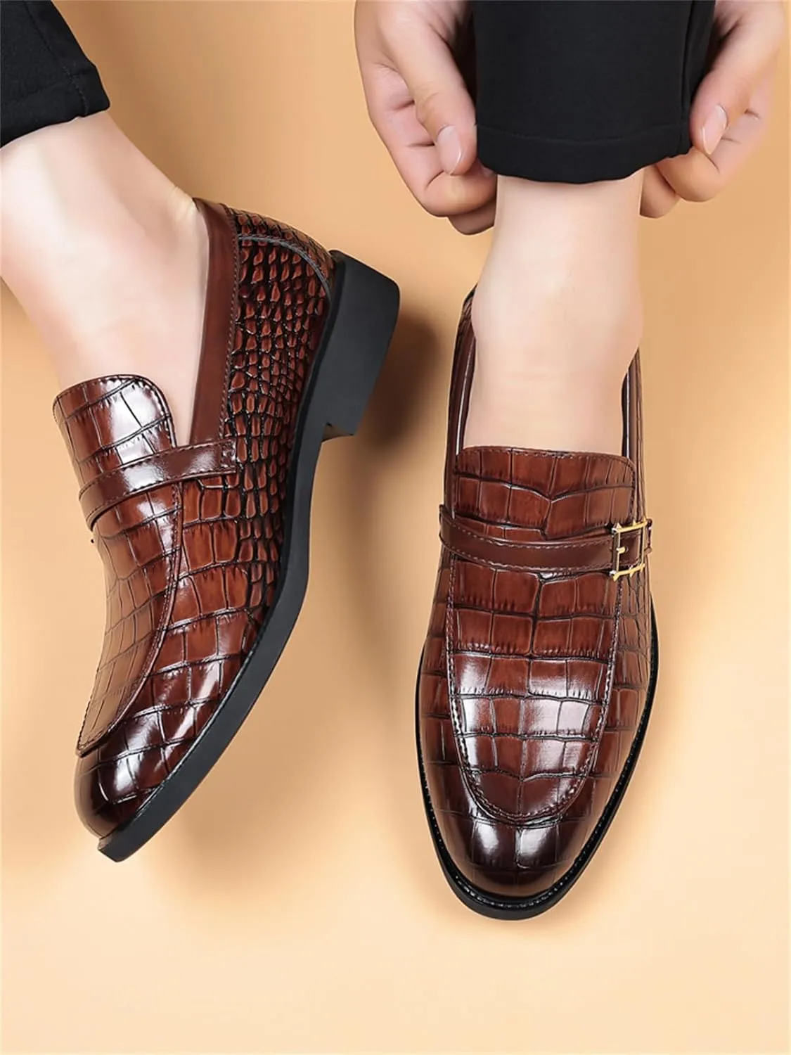 Men's Vintage Crocodile Print Strap Slip On Dress Shoes Formal Leather Loafers Business Casual Oxford
