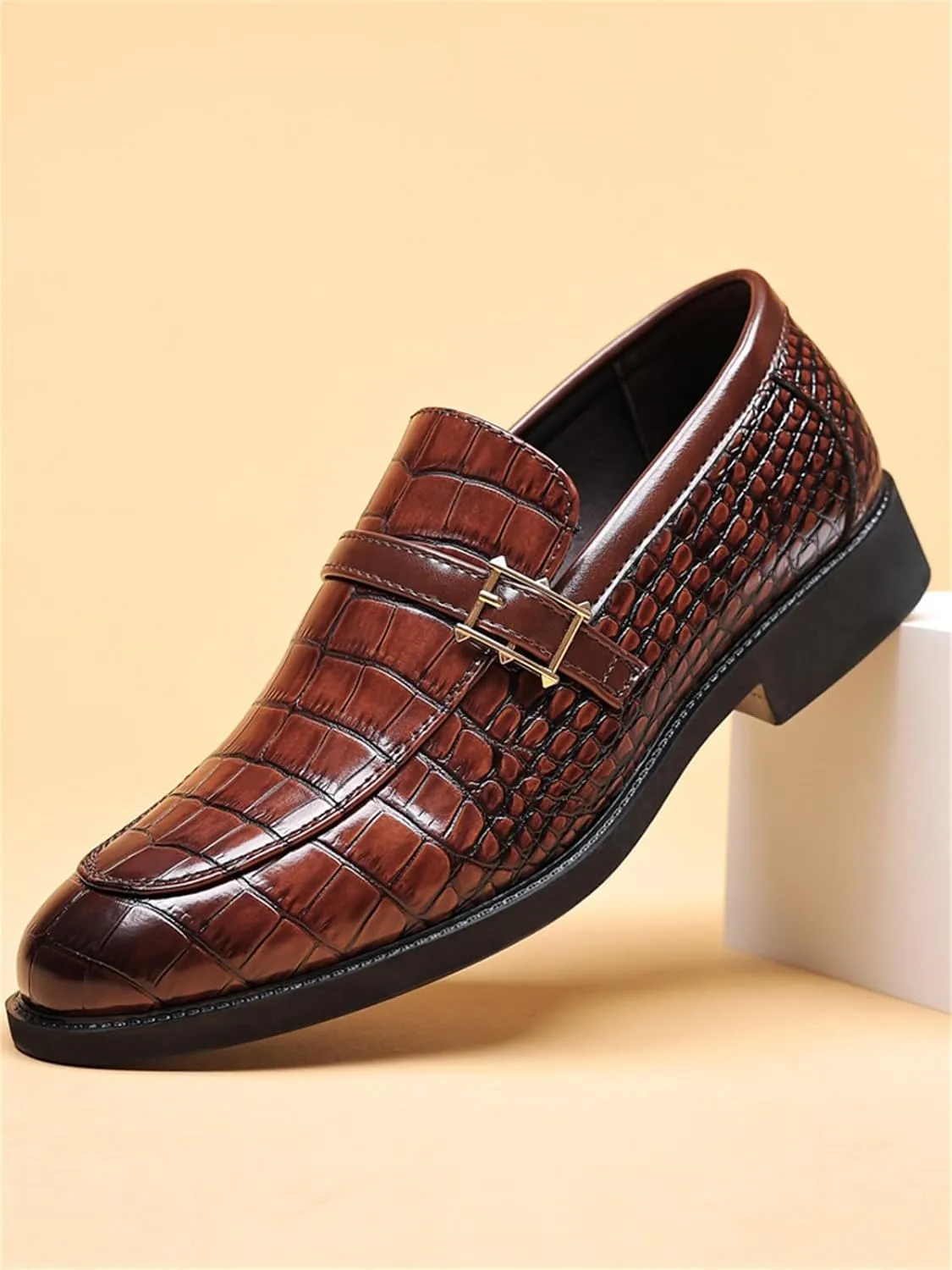 Men's Vintage Crocodile Print Strap Slip On Dress Shoes Formal Leather Loafers Business Casual Oxford