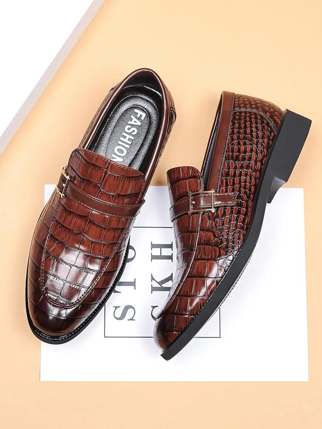 Men's Vintage Crocodile Print Strap Slip On Dress Shoes Formal Leather Loafers Business Casual Oxford