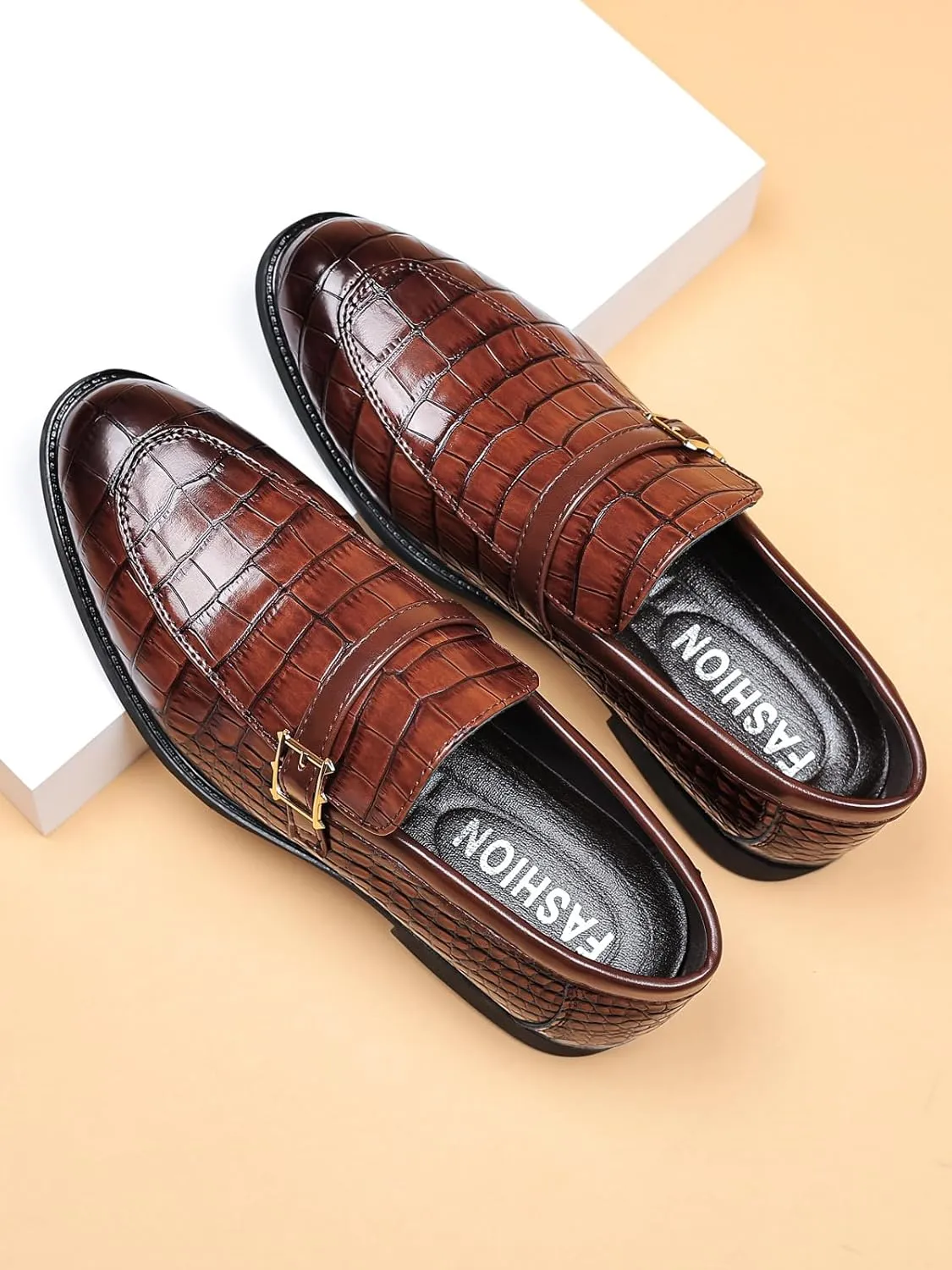 Men's Vintage Crocodile Print Strap Slip On Dress Shoes Formal Leather Loafers Business Casual Oxford