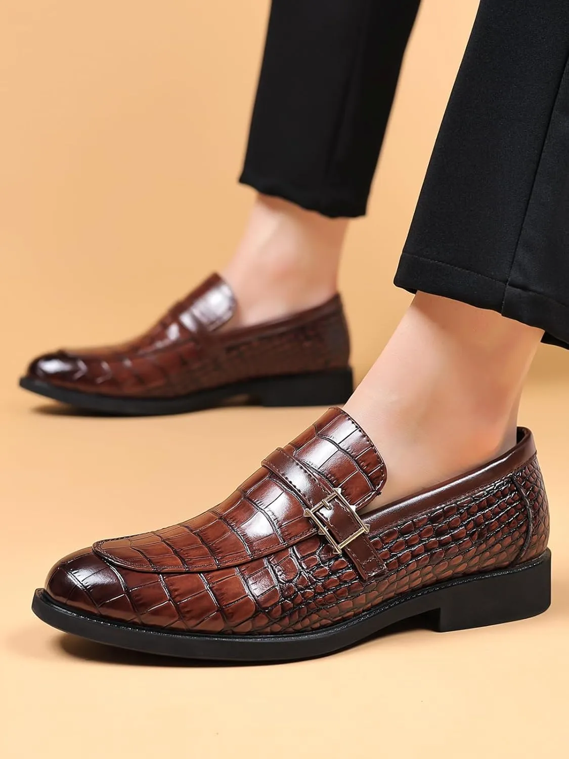 Men's Vintage Crocodile Print Strap Slip On Dress Shoes Formal Leather Loafers Business Casual Oxford
