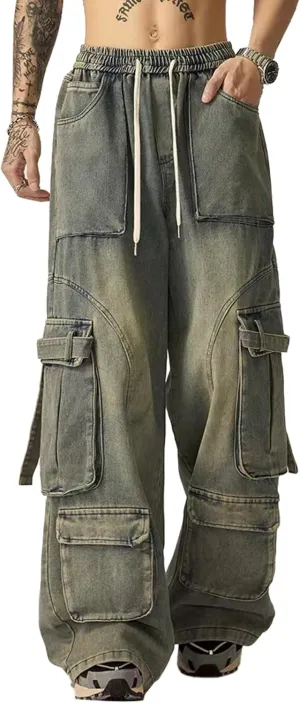 Men's Vintage Washed Cargo Jeans, High Waist, Baggy Wide Leg, Unisex Streetwear with Multiple Pockets