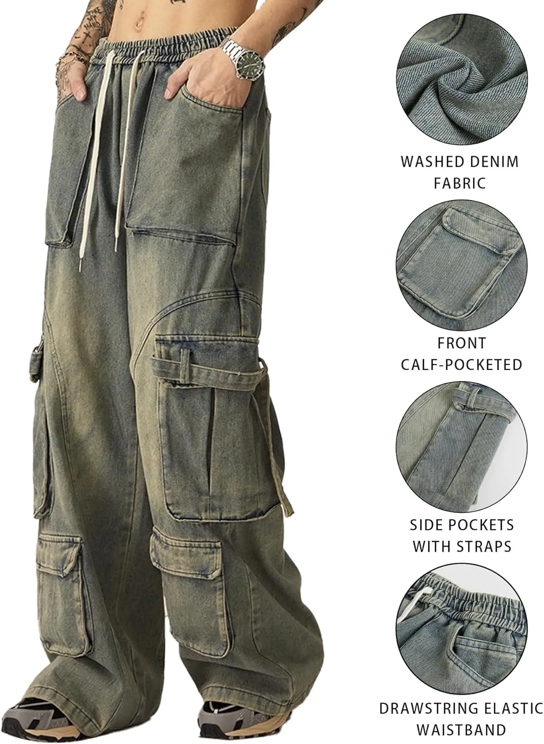 Men's Vintage Washed Cargo Jeans, High Waist, Baggy Wide Leg, Unisex Streetwear with Multiple Pockets