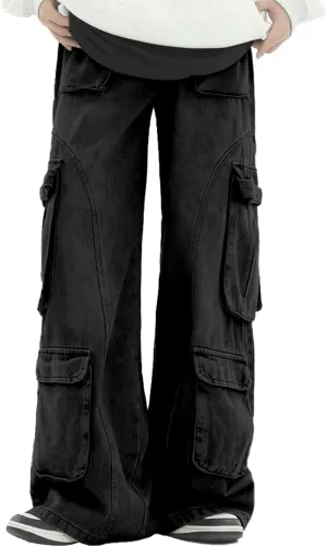 Men's Vintage Washed Cargo Jeans, High Waist, Baggy Wide Leg, Unisex Streetwear with Multiple Pockets