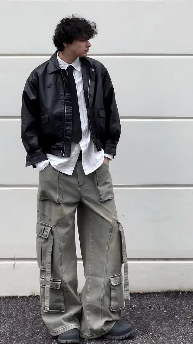 Men's Vintage Washed Cargo Jeans, High Waist, Baggy Wide Leg, Unisex Streetwear with Multiple Pockets
