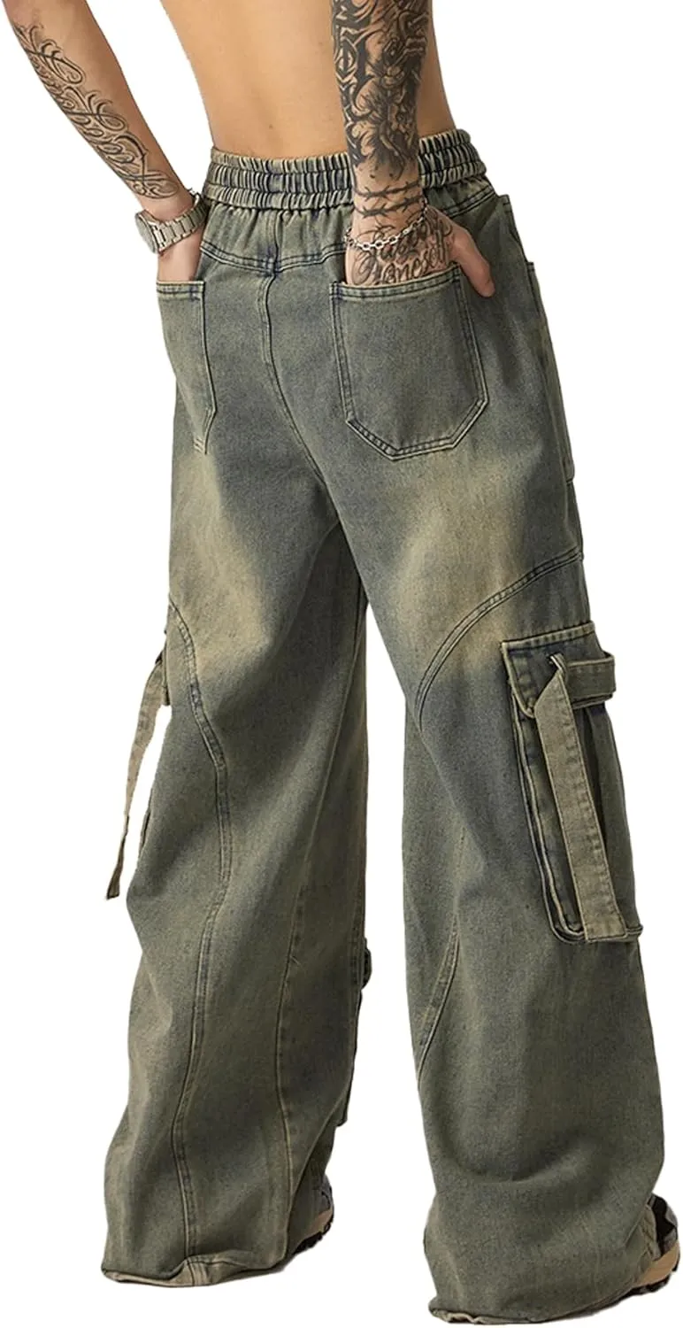 Men's Vintage Washed Cargo Jeans, High Waist, Baggy Wide Leg, Unisex Streetwear with Multiple Pockets