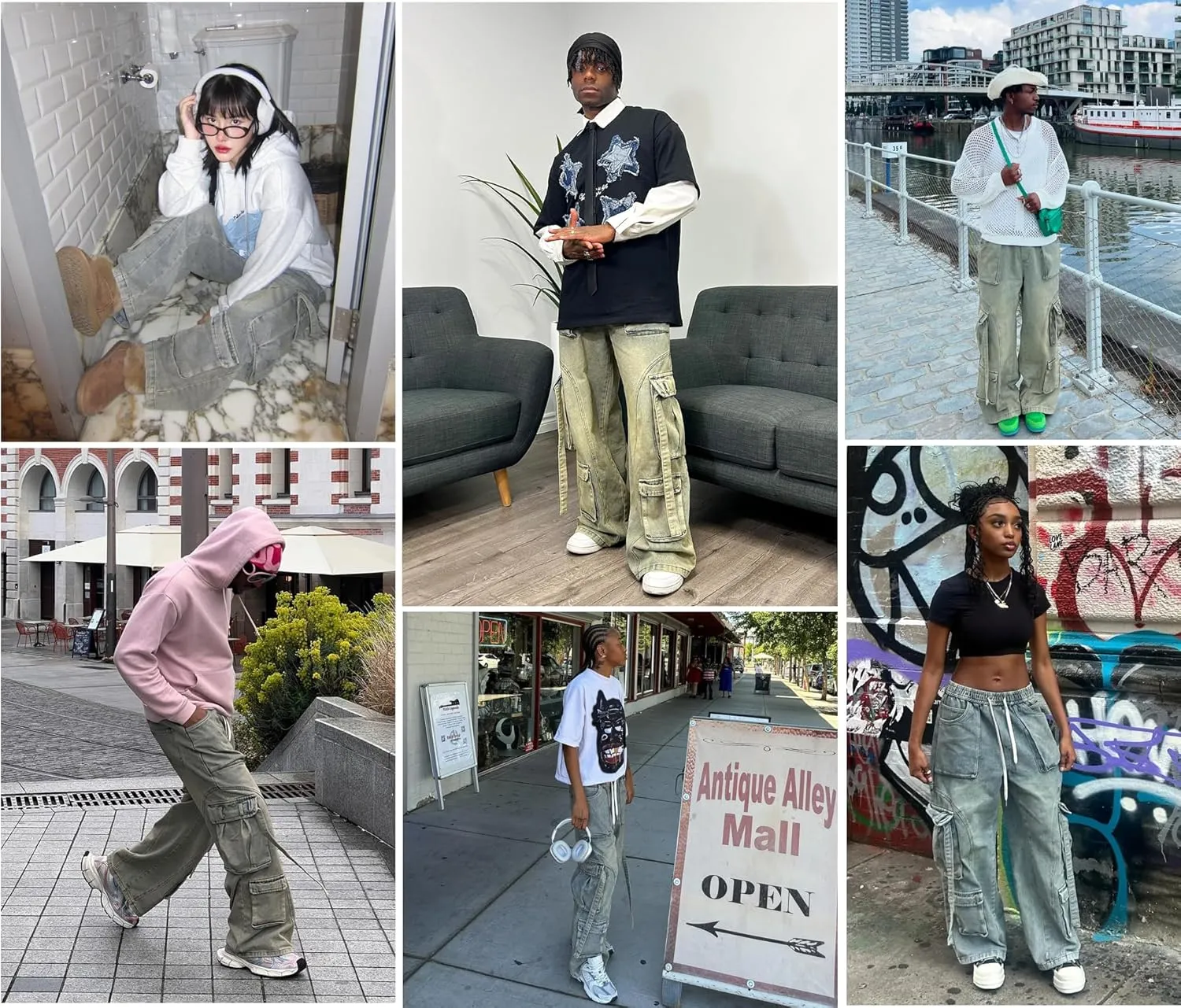 Men's Vintage Washed Cargo Jeans, High Waist, Baggy Wide Leg, Unisex Streetwear with Multiple Pockets