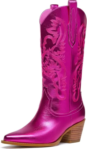 Mid Calf Metallic Cowboy Boots For Women Glitter Western Embroidered Cowgirl Boots Wide Calf Chunky Heel Wide Calf Short Boots Pull on Pointy Toe Fashion Vintage Boots