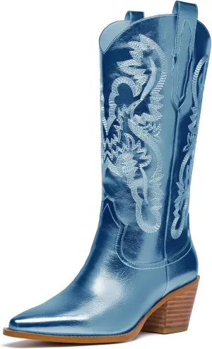 Mid Calf Metallic Cowboy Boots For Women Glitter Western Embroidered Cowgirl Boots Wide Calf Chunky Heel Wide Calf Short Boots Pull on Pointy Toe Fashion Vintage Boots