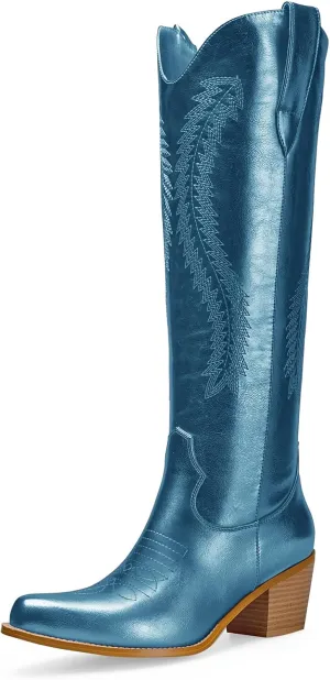 Mid Calf Metallic Cowboy Boots For Women Glitter Western Embroidered Cowgirl Boots Wide Calf Chunky Heel Wide Calf Short Boots Pull on Pointy Toe Fashion Vintage Boots