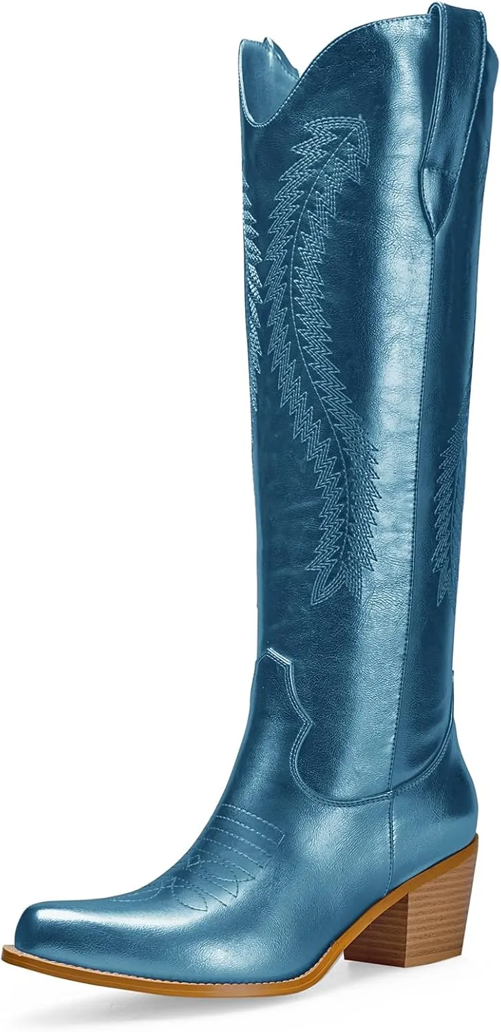 Mid Calf Metallic Cowboy Boots For Women Glitter Western Embroidered Cowgirl Boots Wide Calf Chunky Heel Wide Calf Short Boots Pull on Pointy Toe Fashion Vintage Boots