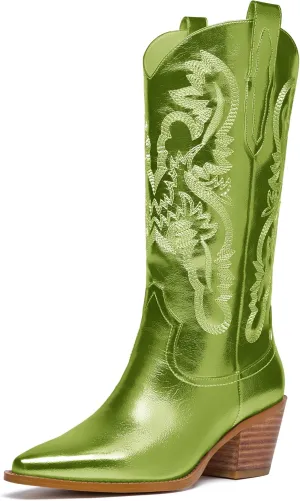 Mid Calf Metallic Cowboy Boots For Women Glitter Western Embroidered Cowgirl Boots Wide Calf Chunky Heel Wide Calf Short Boots Pull on Pointy Toe Fashion Vintage Boots