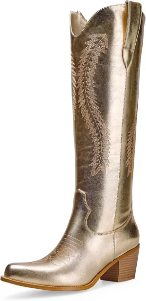 Mid Calf Metallic Cowboy Boots For Women Glitter Western Embroidered Cowgirl Boots Wide Calf Chunky Heel Wide Calf Short Boots Pull on Pointy Toe Fashion Vintage Boots