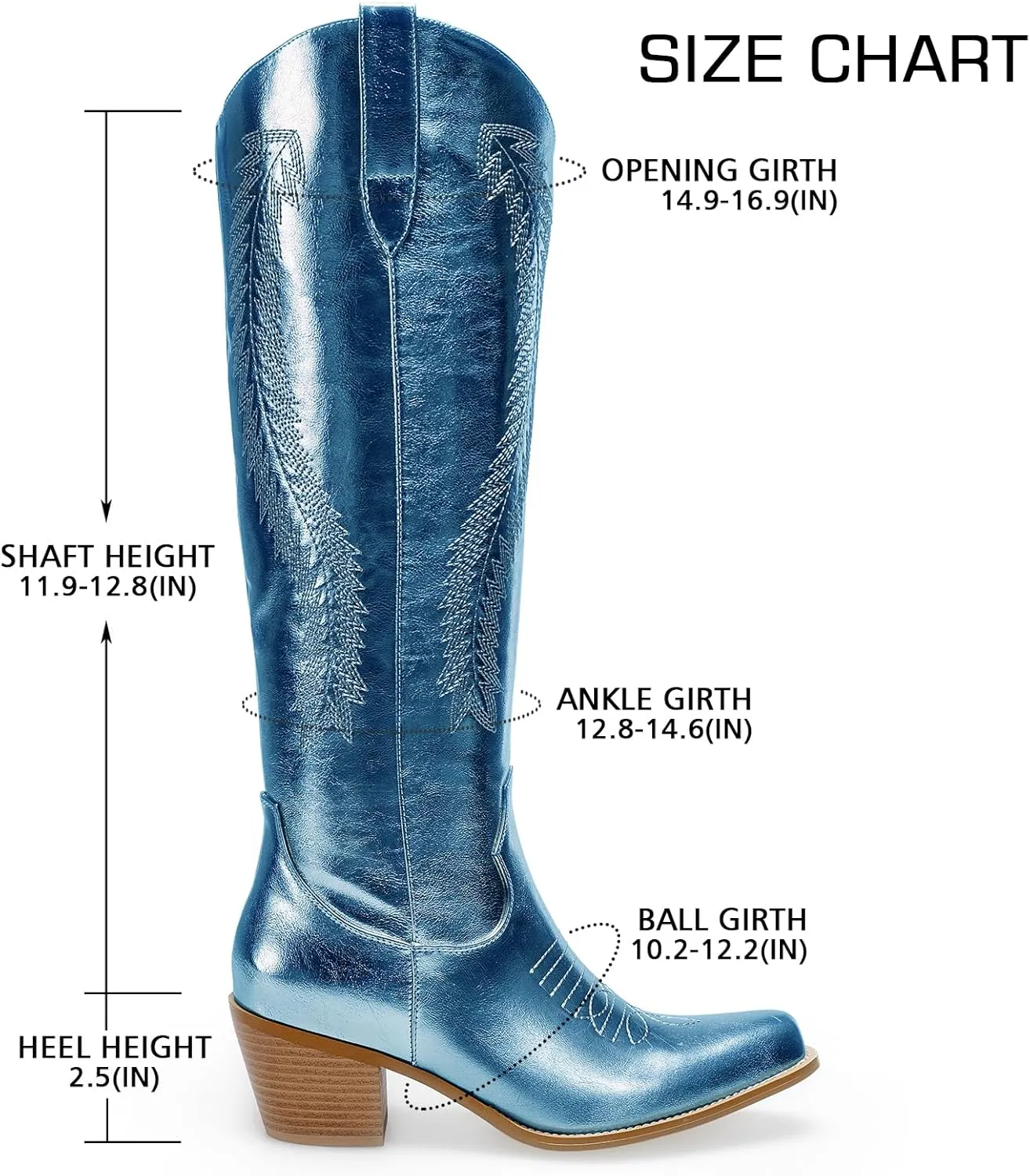 Mid Calf Metallic Cowboy Boots For Women Glitter Western Embroidered Cowgirl Boots Wide Calf Chunky Heel Wide Calf Short Boots Pull on Pointy Toe Fashion Vintage Boots