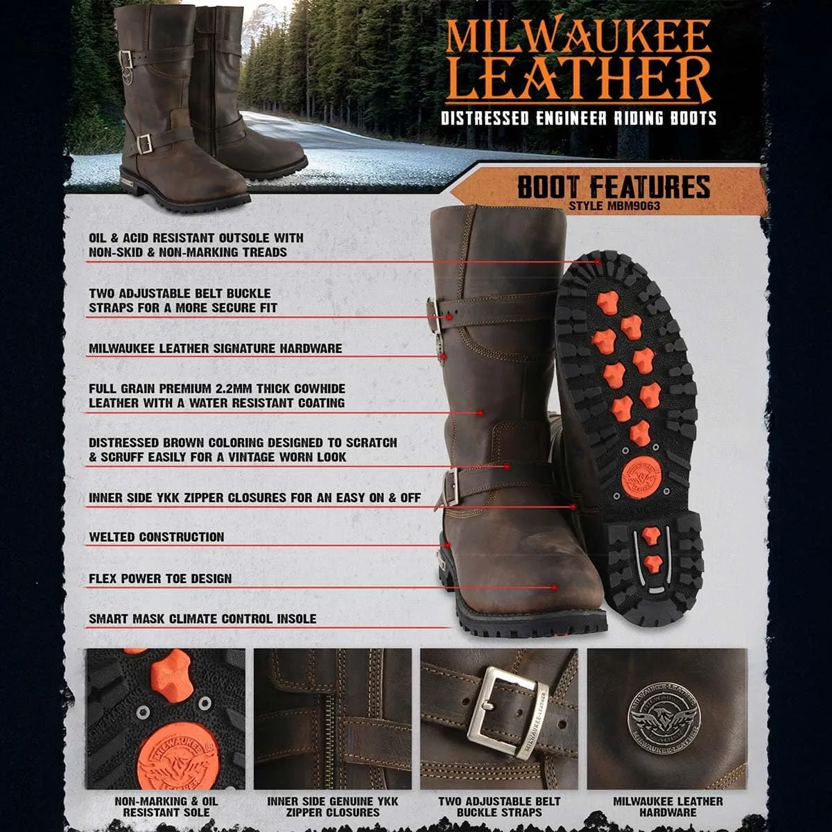 Milwaukee Leather MBM9063 Men's Classic Distressed Brown Leather Motorcycle Engineer Riding Biker Boots - 9