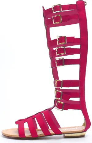 Minishion Women Tall Gladiator Sandals Knee High Strappy Summer Flats with Buckle TM027