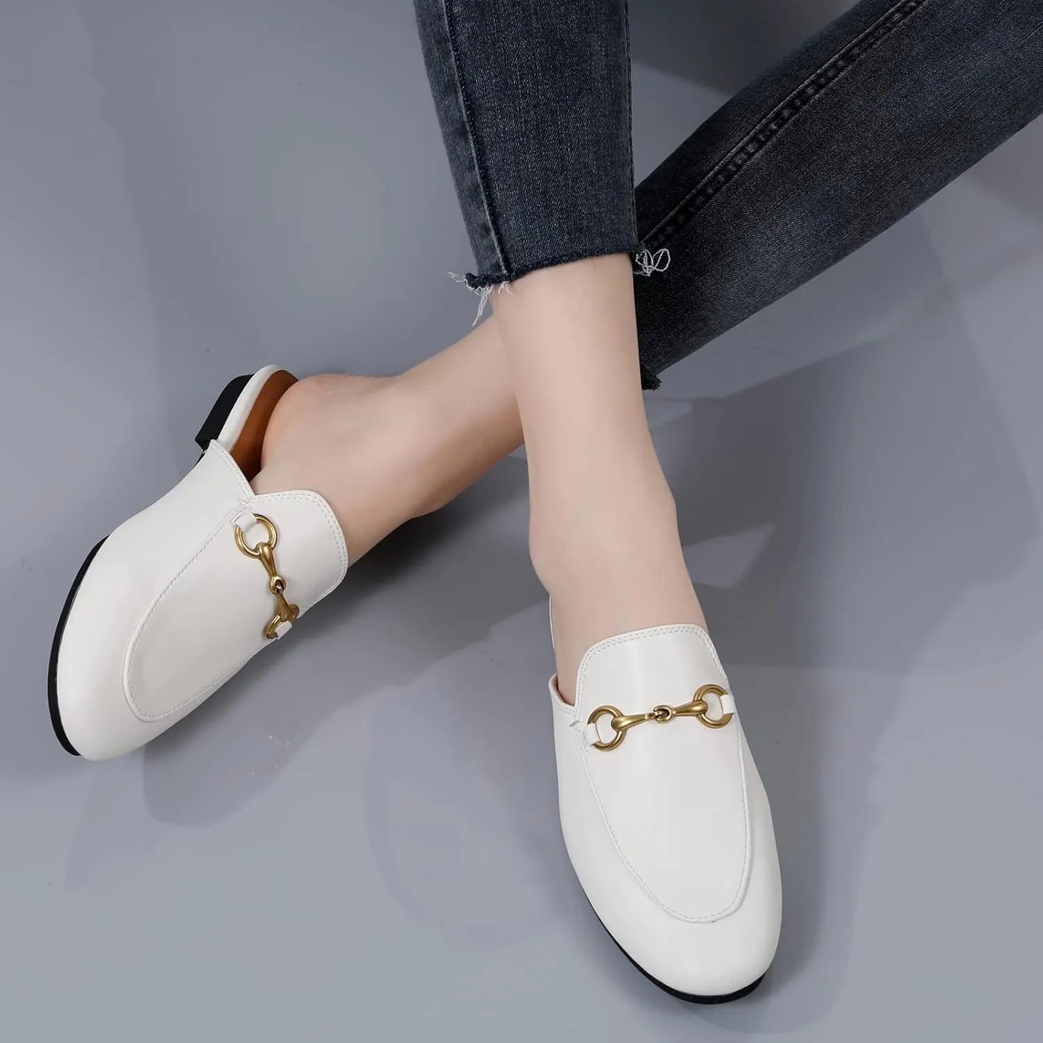 Minorsu Buckle Mules for Women Flats Round Toe Mule Backless Slides Slip On Loafer Shoes