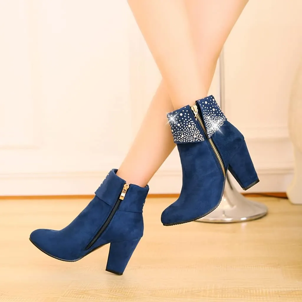 MIOKE Women's Chunky Block High Heel Ankle Boots Rhinestone Round Toe Suede Zipper Bootie Dress Short Boots