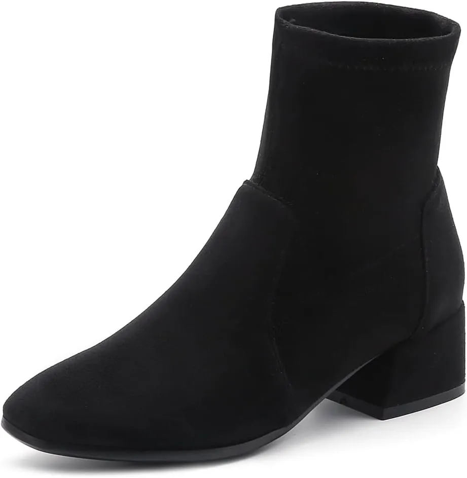 MIOKE Women's Square Toe Stretch Ankle Boots Vegan Suede Pull On Comfort Block Low Heel Dressy Short Boot