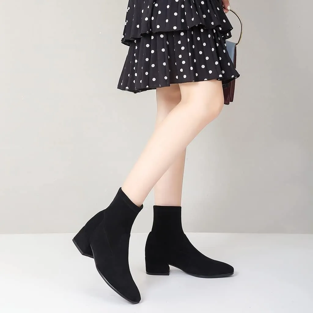 MIOKE Women's Square Toe Stretch Ankle Boots Vegan Suede Pull On Comfort Block Low Heel Dressy Short Boot
