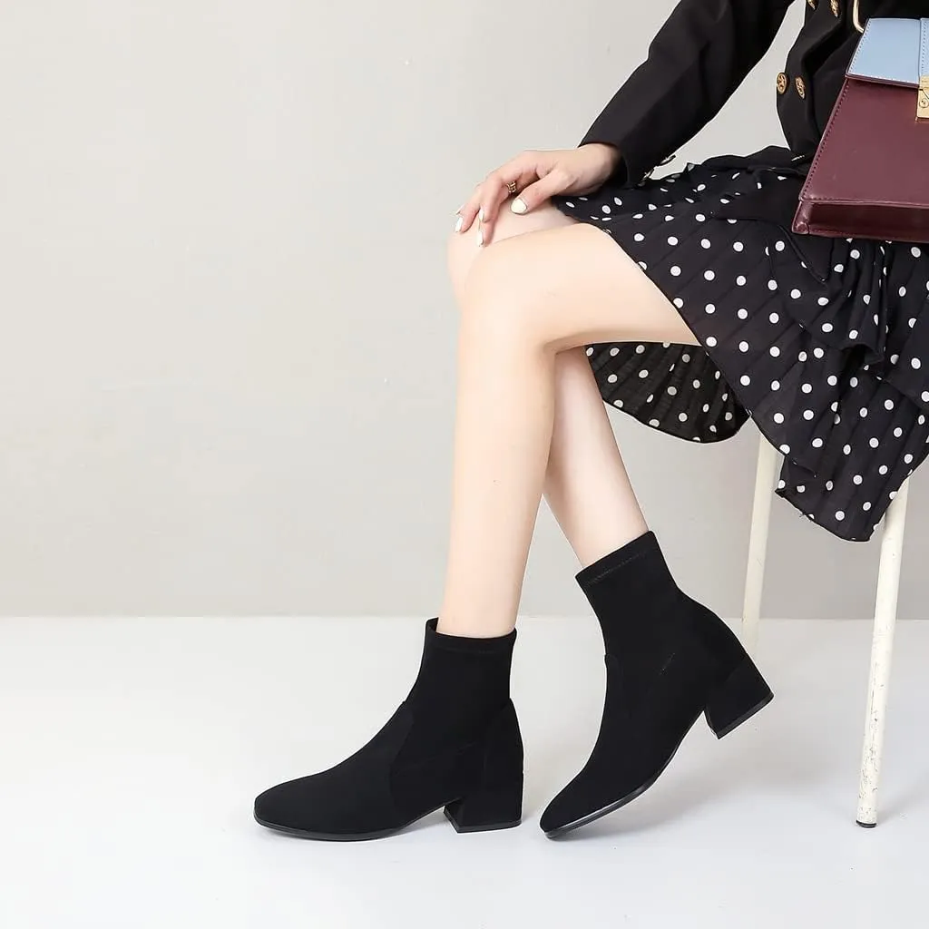 MIOKE Women's Square Toe Stretch Ankle Boots Vegan Suede Pull On Comfort Block Low Heel Dressy Short Boot