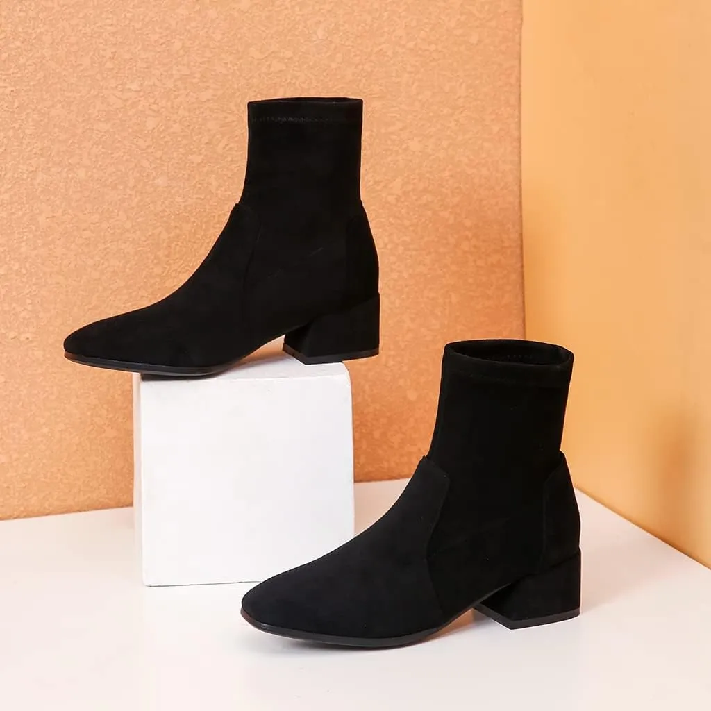 MIOKE Women's Square Toe Stretch Ankle Boots Vegan Suede Pull On Comfort Block Low Heel Dressy Short Boot