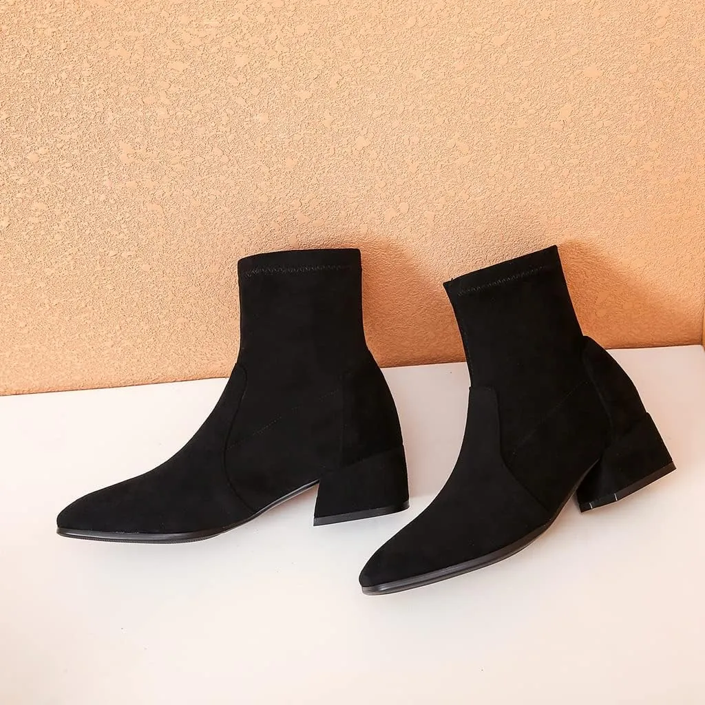 MIOKE Women's Square Toe Stretch Ankle Boots Vegan Suede Pull On Comfort Block Low Heel Dressy Short Boot