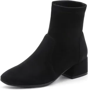 MIOKE Women's Square Toe Stretch Ankle Boots Vegan Suede Pull On Comfort Block Low Heel Dressy Short Boot