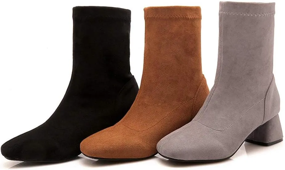 MIOKE Women's Square Toe Stretch Ankle Boots Vegan Suede Pull On Comfort Block Low Heel Dressy Short Boot