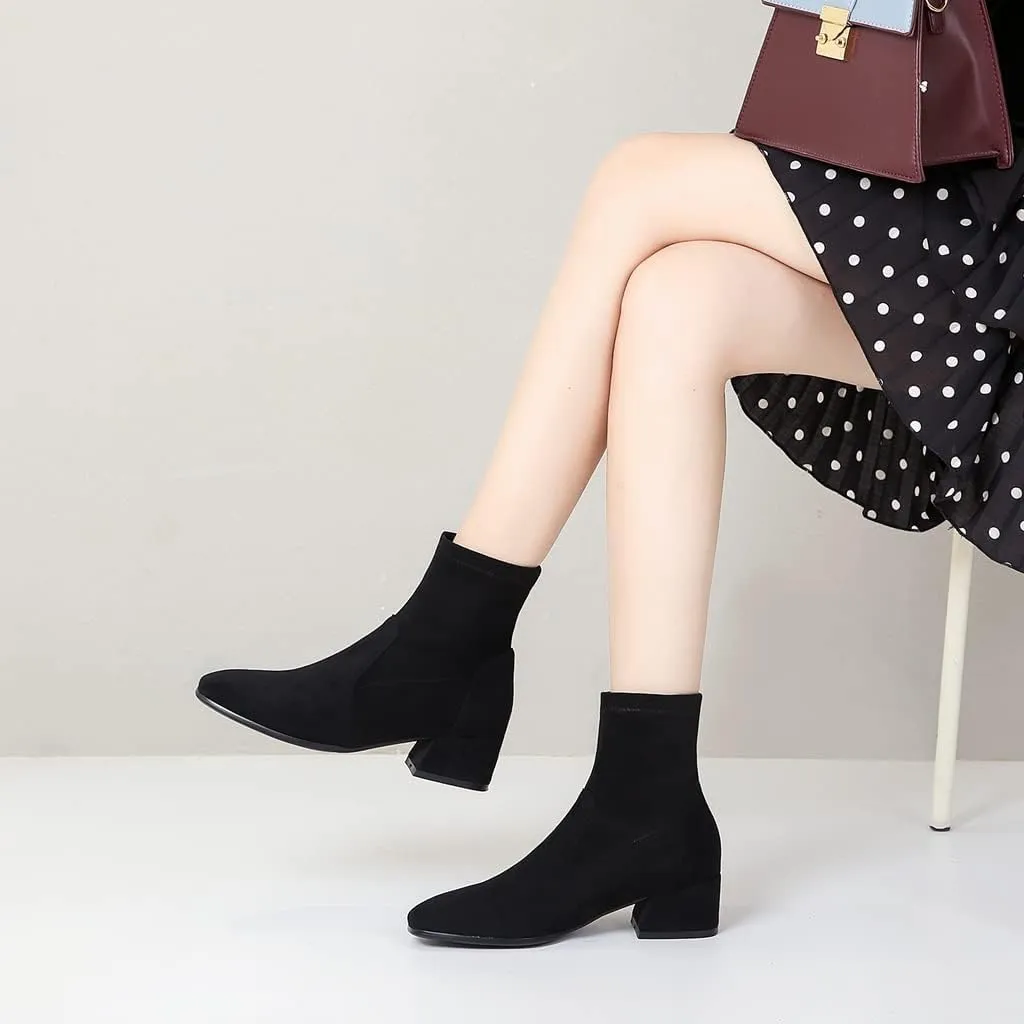 MIOKE Women's Square Toe Stretch Ankle Boots Vegan Suede Pull On Comfort Block Low Heel Dressy Short Boot