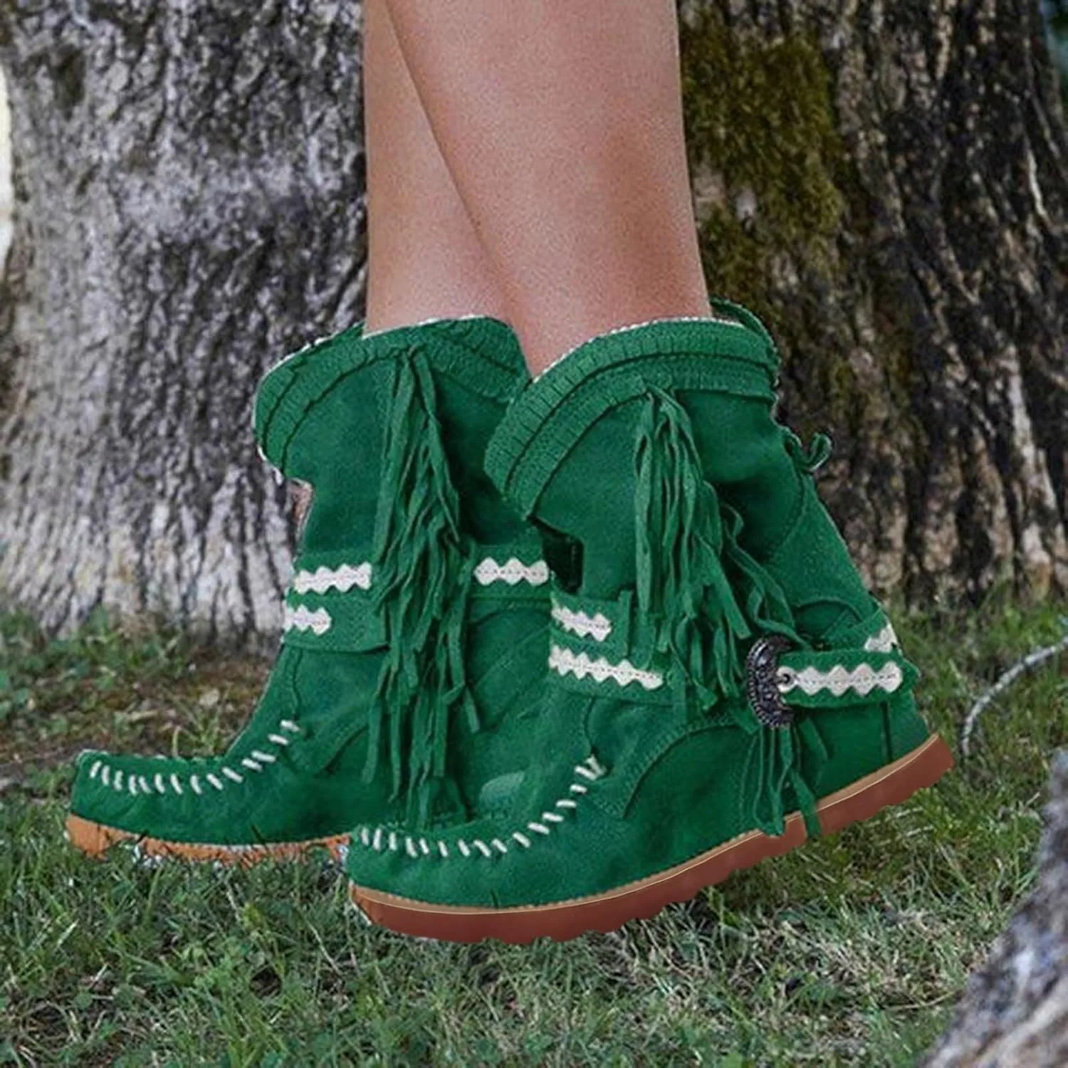 Moccasin Boots For Women Classic Ankle Boots Comfortable Flat Cowboy Boots Wide Calf Slouch Boots Suede Western Boots