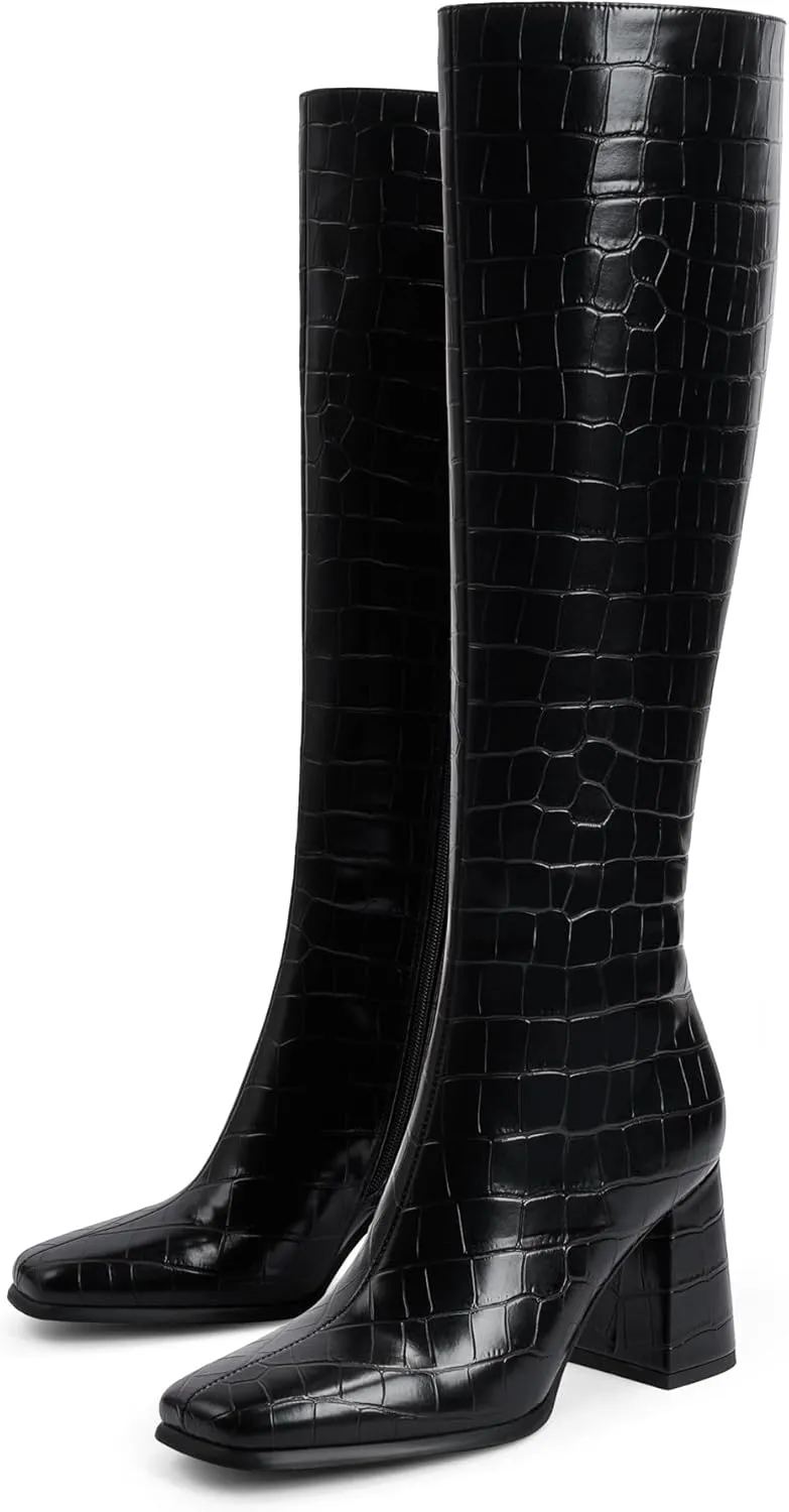 Modatope Knee High Boots Women Chunky Heel Square Toe Tall Boot for Women High Heel Side Zipper Long Boots