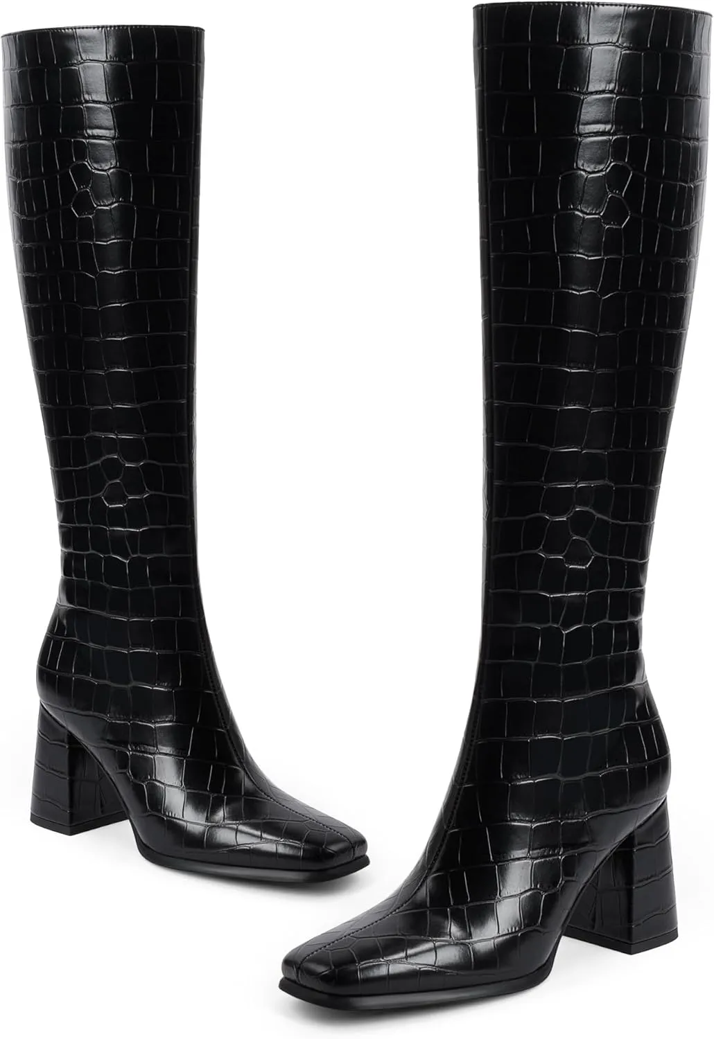 Modatope Knee High Boots Women Chunky Heel Square Toe Tall Boot for Women High Heel Side Zipper Long Boots
