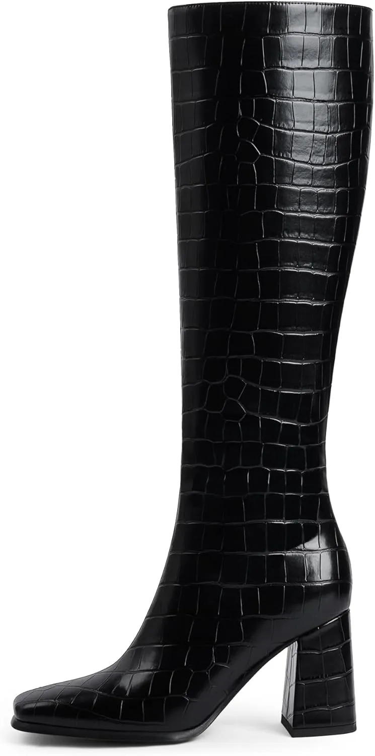 Modatope Knee High Boots Women Chunky Heel Square Toe Tall Boot for Women High Heel Side Zipper Long Boots