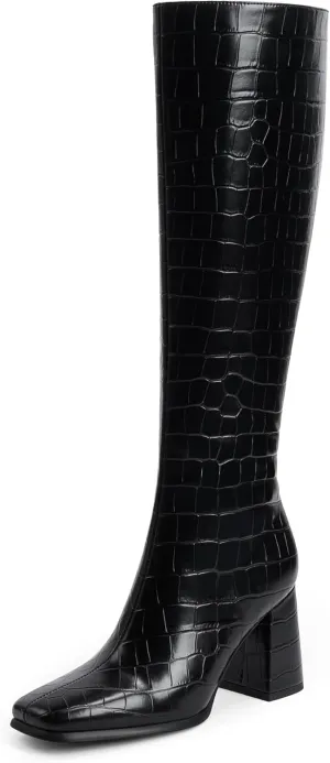 Modatope Knee High Boots Women Chunky Heel Square Toe Tall Boot for Women High Heel Side Zipper Long Boots