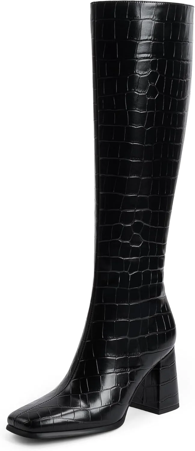 Modatope Knee High Boots Women Chunky Heel Square Toe Tall Boot for Women High Heel Side Zipper Long Boots