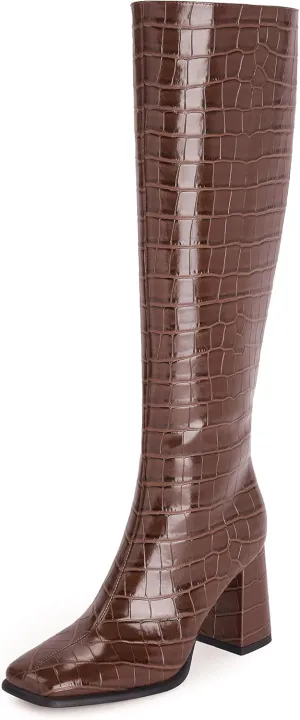 Modatope Knee High Boots Women Chunky Heel Square Toe Tall Boots for Women High Heel Side Zipper Long Boots