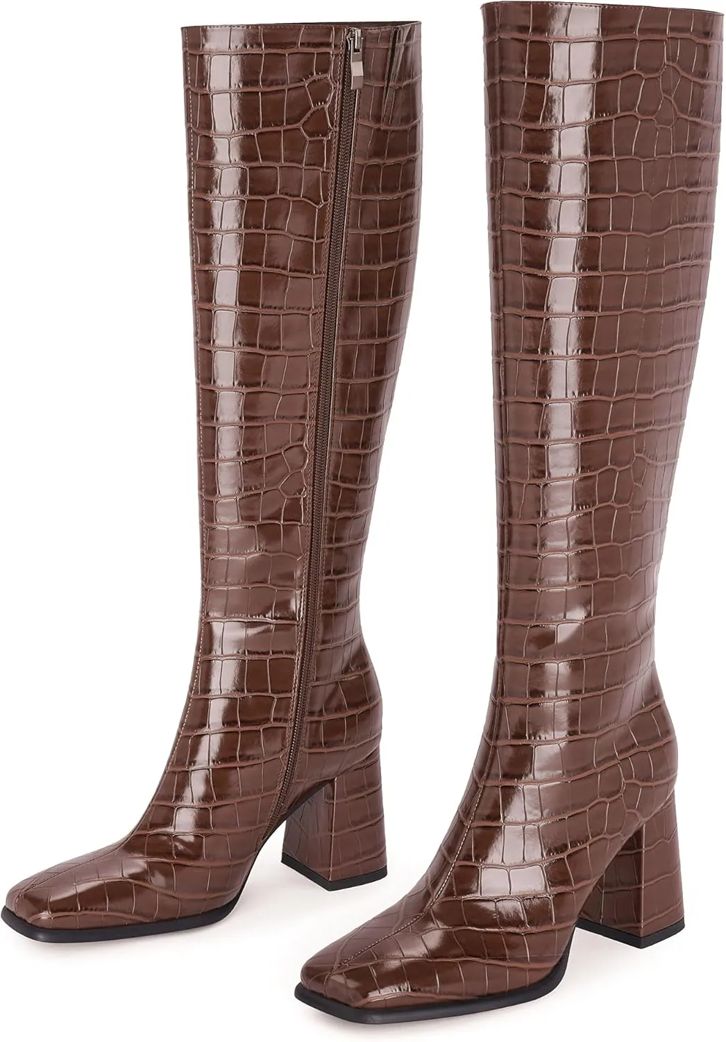 Modatope Knee High Boots Women Chunky Heel Square Toe Tall Boots for Women High Heel Side Zipper Long Boots