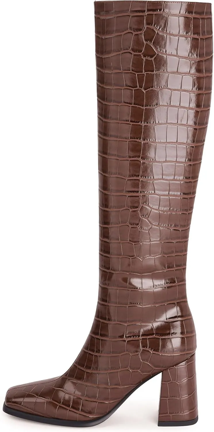 Modatope Knee High Boots Women Chunky Heel Square Toe Tall Boots for Women High Heel Side Zipper Long Boots