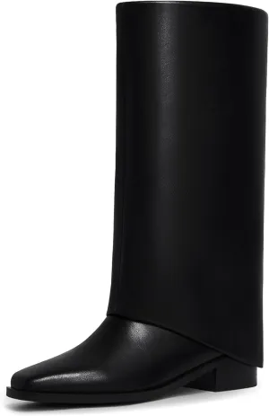Modatope Mid Calf Boots for Women Fold Over Boots Square Toe Flat boots Slouch Riding Boots Slip On Shark Boots